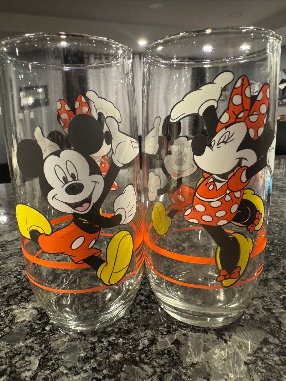 Anchor Hocking Mickey & Minnie Orange and Yellow Glass Tumbler Pair